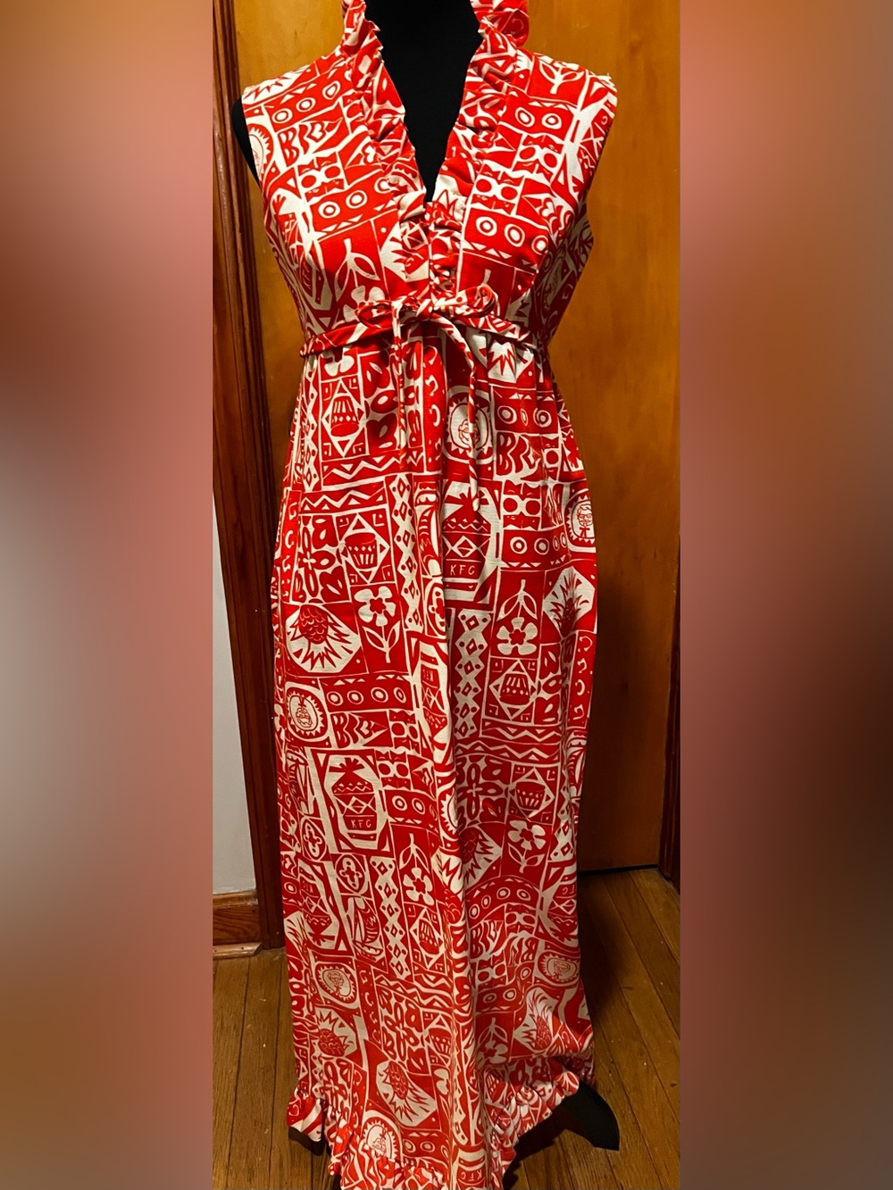 Kentucky fried Red & White Hawaiian Maxi Dress custom for luau